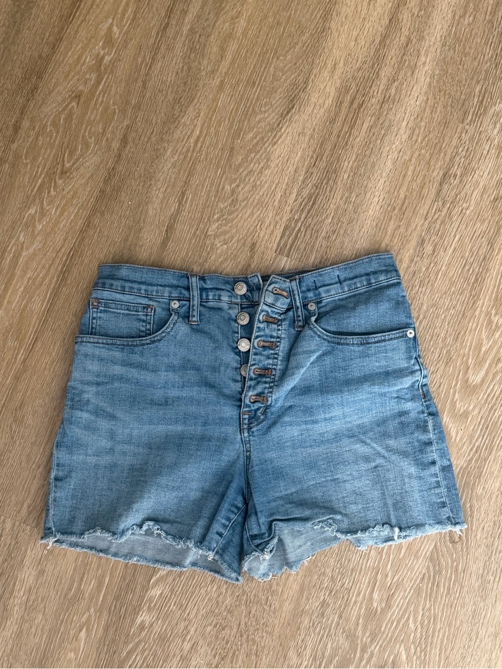 High-Rise Button-Front Denim Shorts - Light Blue